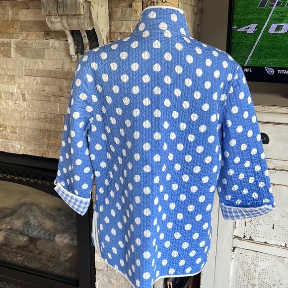 Patty Kim blue with white polka dots quilted roll sleeve open front jacket - Picture 8 of 16
